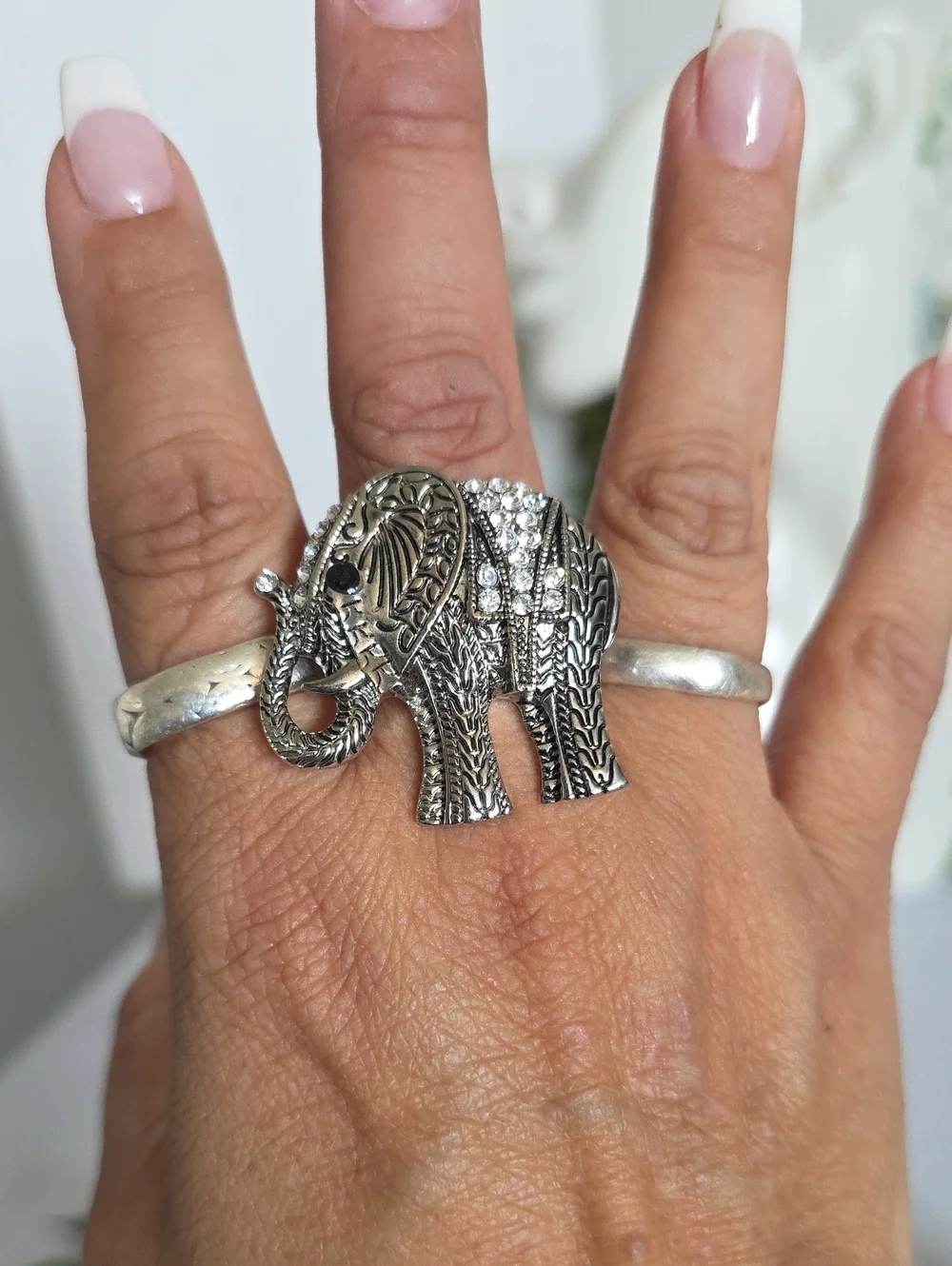 Boho ​Silver Elephant Statement Ring with Rhinestone Accents Stretch Band